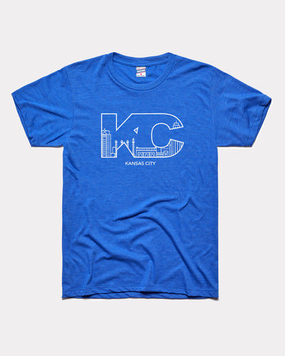 Royal Blue Kansas City Skyline Linework Vintage T-Shirt