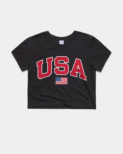 Women's USA Arch Flag Vintage Black Crop Top
