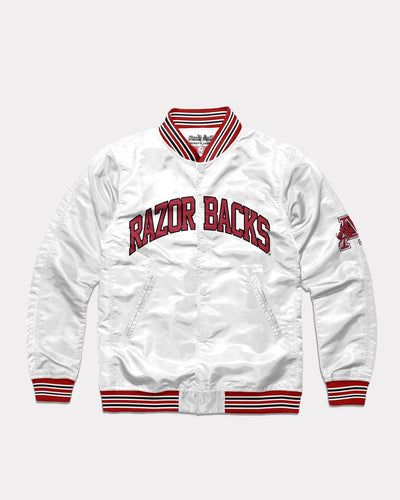 White Arkansas Razorbacks Arch Vintage Varsity Jacket Front