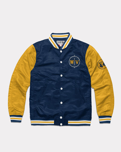West Virginia Mountaineers Jerry West Navy & Gold Vintage Varsity Jacket Front