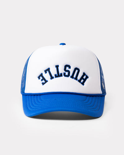 White & Royal Blue Hustle Trucker Hat Front