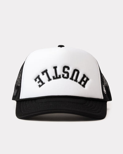 Hustle White & Black Trucker Hat Front