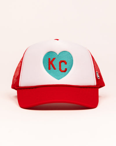 Teal KC Heart White & Red Trucker Hat Front