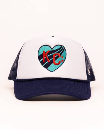 KC Current Heart White & Navy Trucker Hat Front