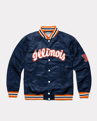 Navy Blue University Illinois Fighting Illini Script Vintage Varsity Jacket Front